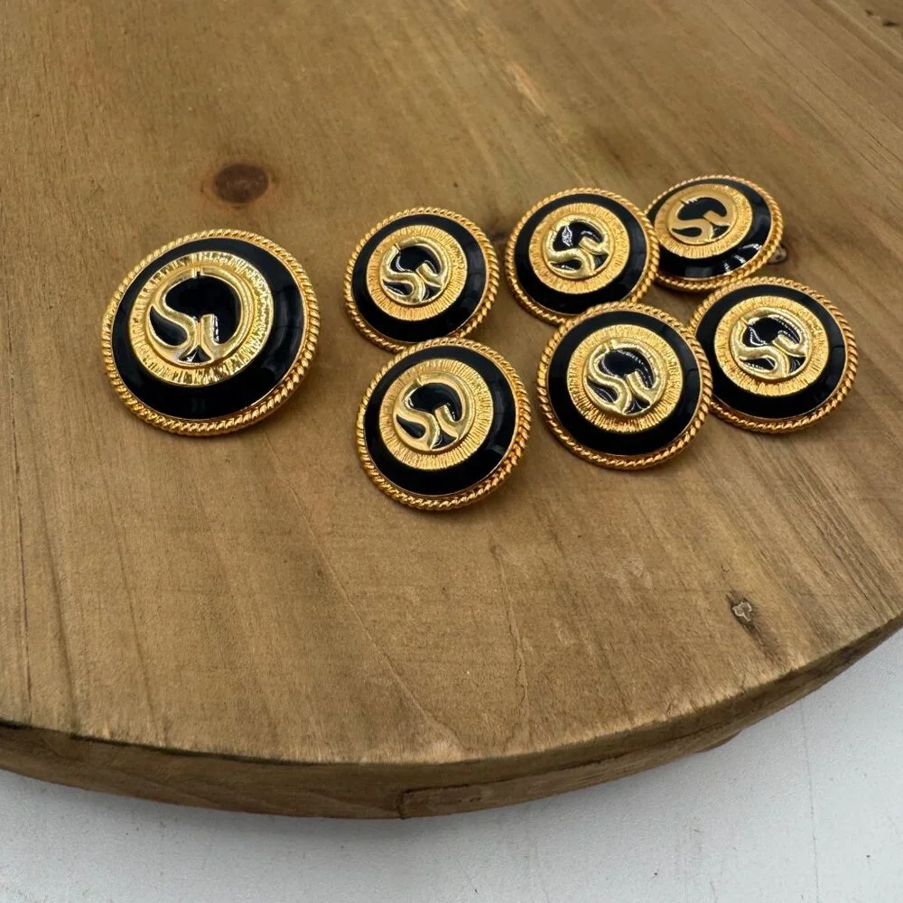 St. John Gold & Black Replacement Buttons Set Of 7 Round Rope Trim Design Shank